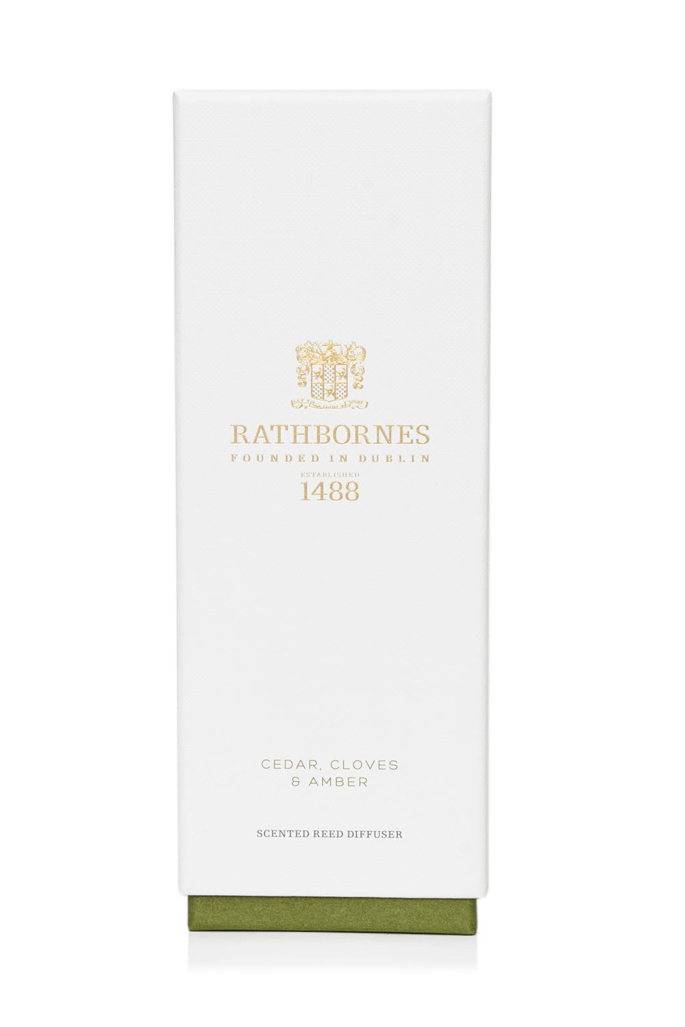 A white box packaging of a reed diffuser with a gold and green label, titled 'Rathbornes 1488' at the top