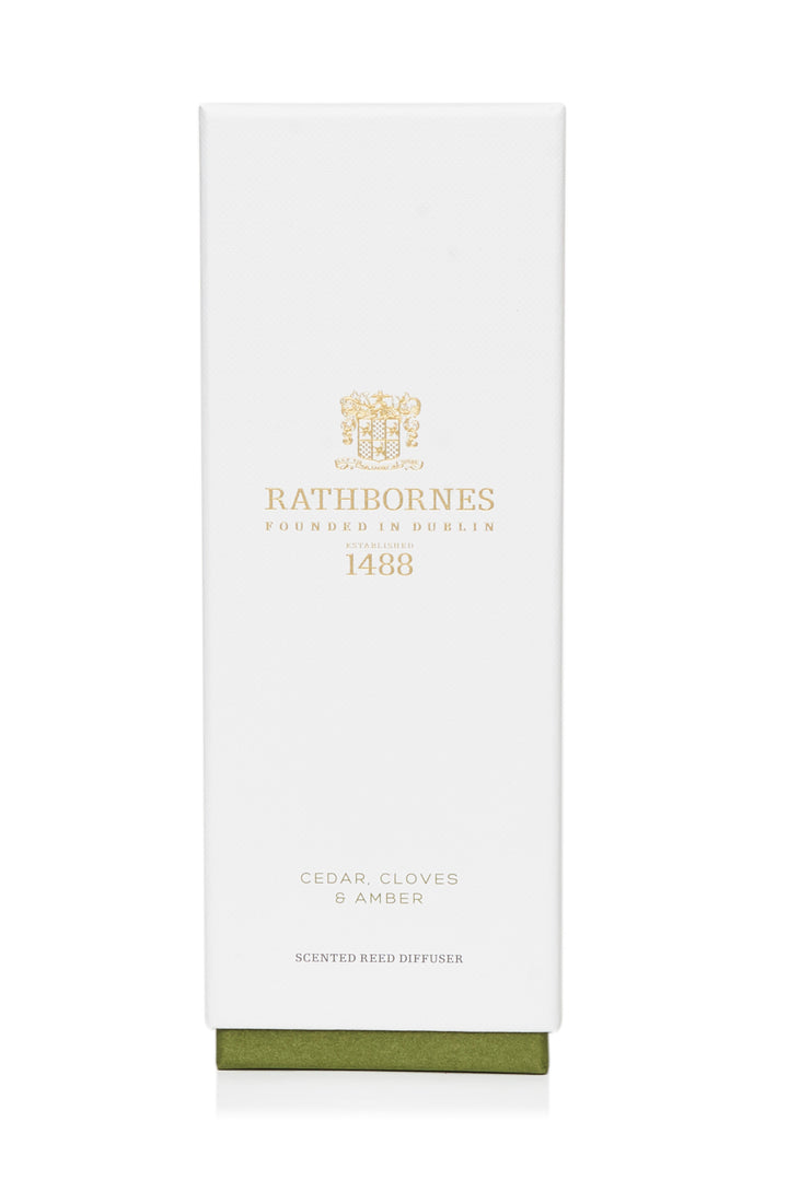A white box packaging of a reed diffuser with a gold and green label, titled 'Rathbornes 1488' at the top