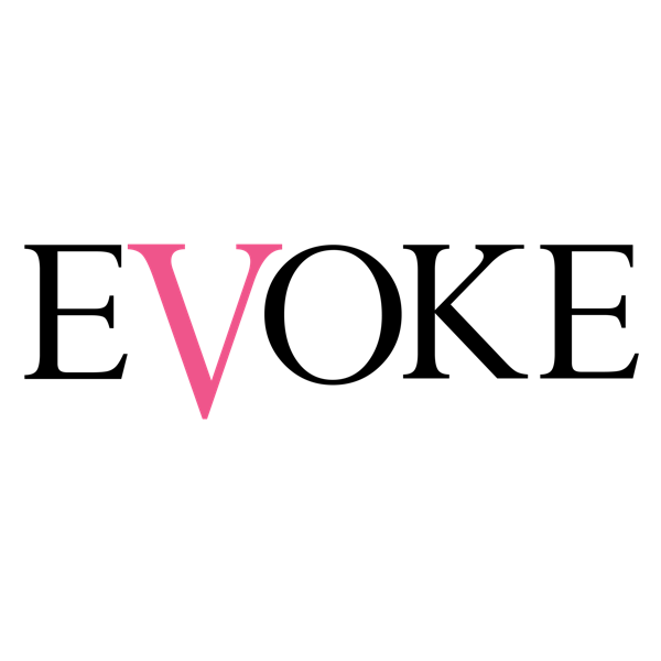 The word 'EVOKE' with a pink 'O' on a white background