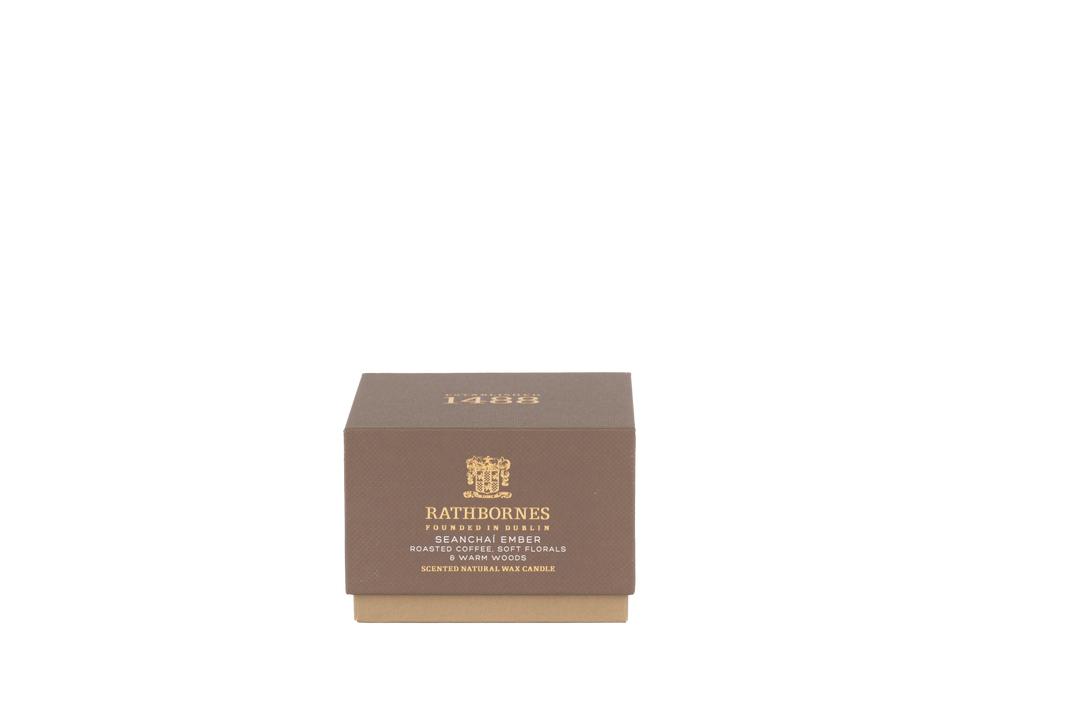 Brown box with gold text on a white background