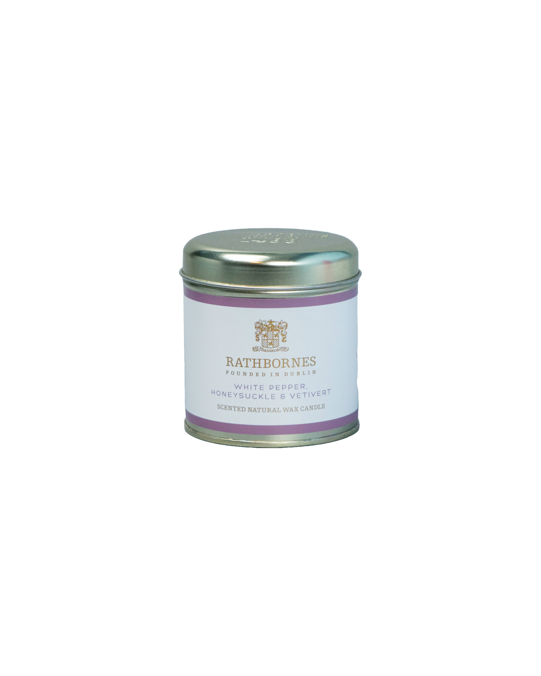 White Pepper Tin Candle with the lid closed on a white out background. 