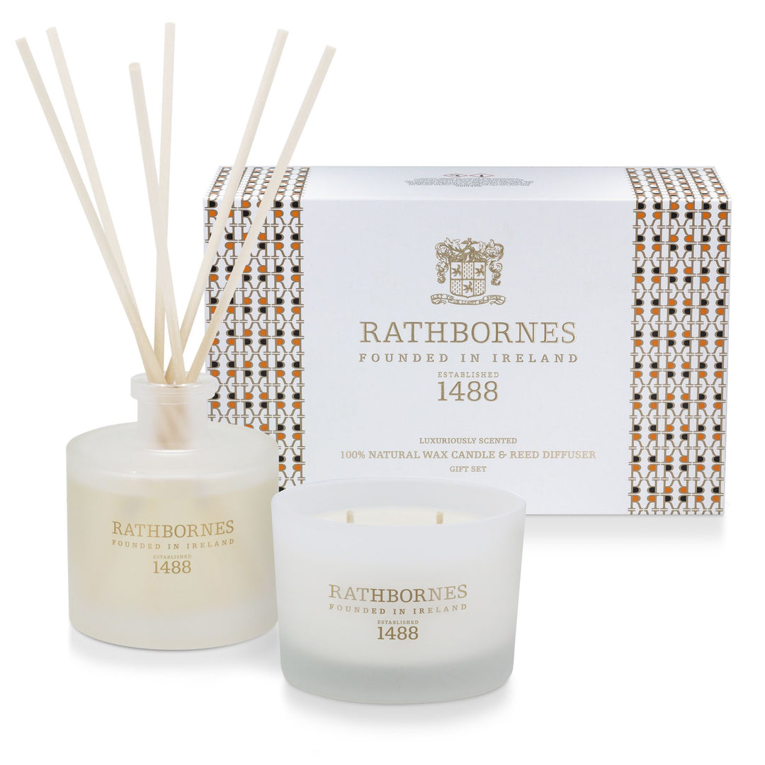 Rathbornes Dublin Tea Rose, Oud & Patchouli candle and reed diffuser gift set in its patterned gift box