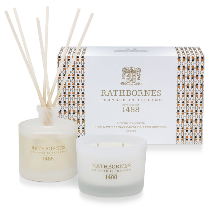 Rathbornes Dublin Tea Rose, Oud & Patchouli candle and reed diffuser gift set in its patterned gift box