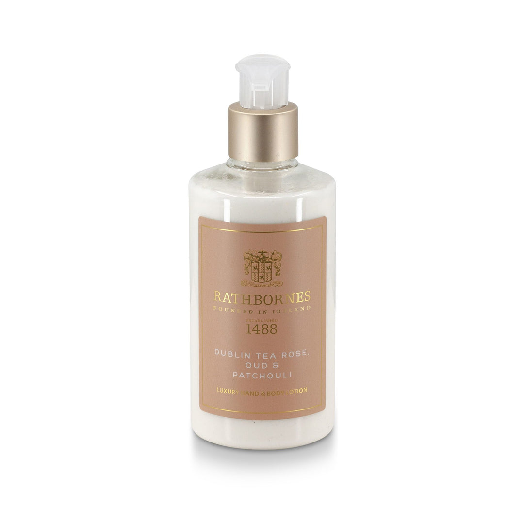 Rathbornes Dublin Tea Rose, Oud & Patchouli luxury hand and body lotion, 300ml pump bottle