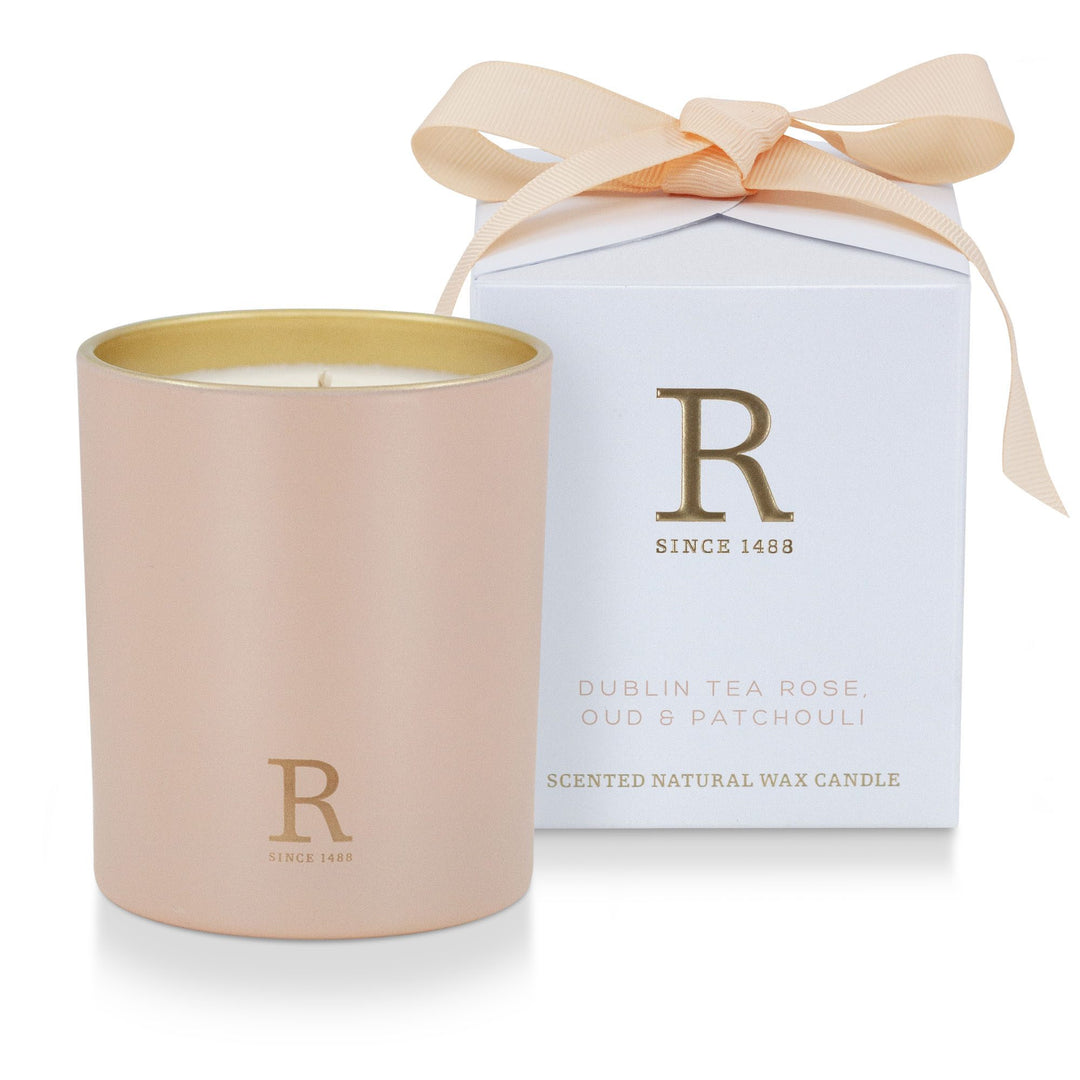 Rathbornes Dublin Tea Rose, Oud & Patchouli scented candle beside its white gift box