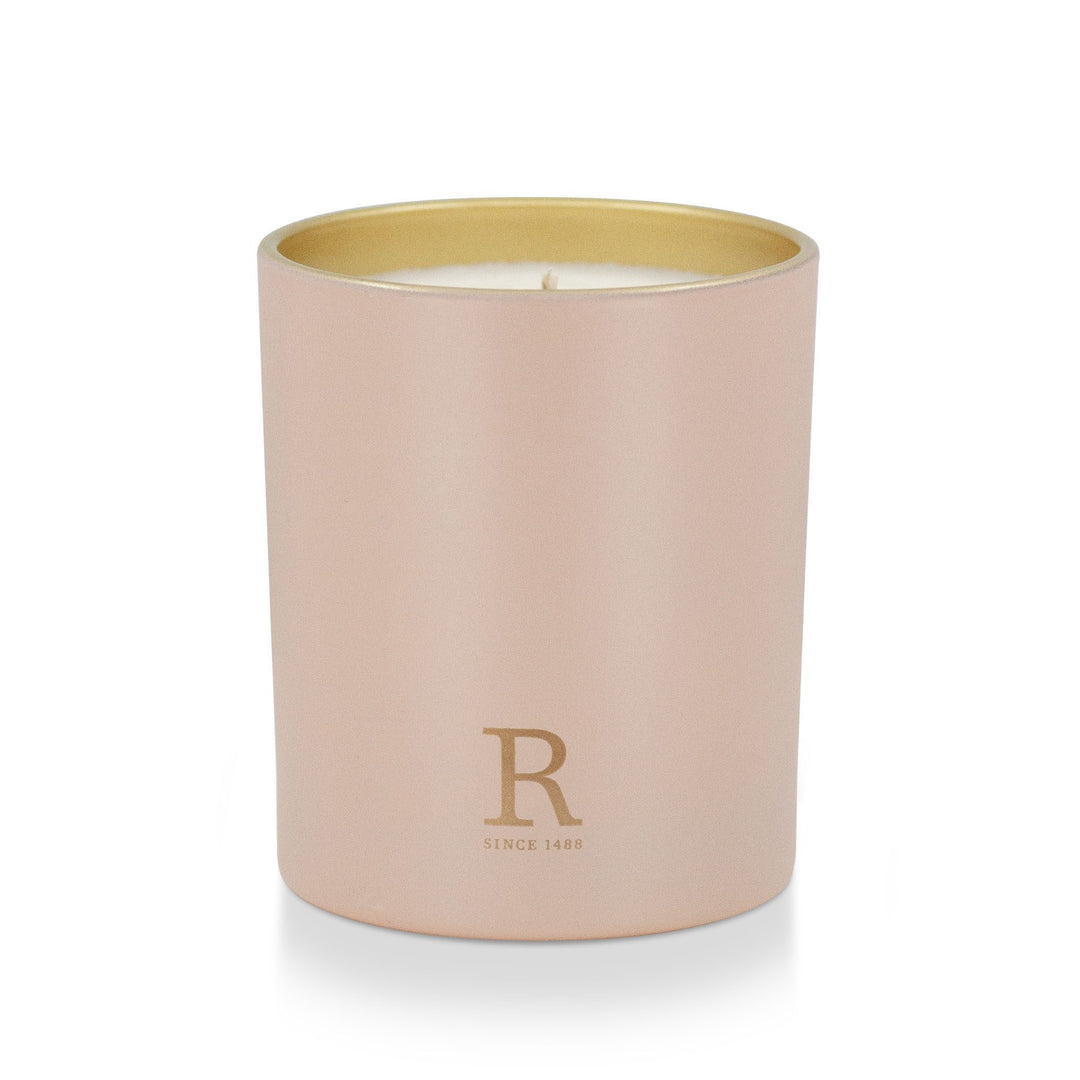 Rathbornes Dublin Tea Rose, Oud & Patchouli scented candle in dusty pink glass