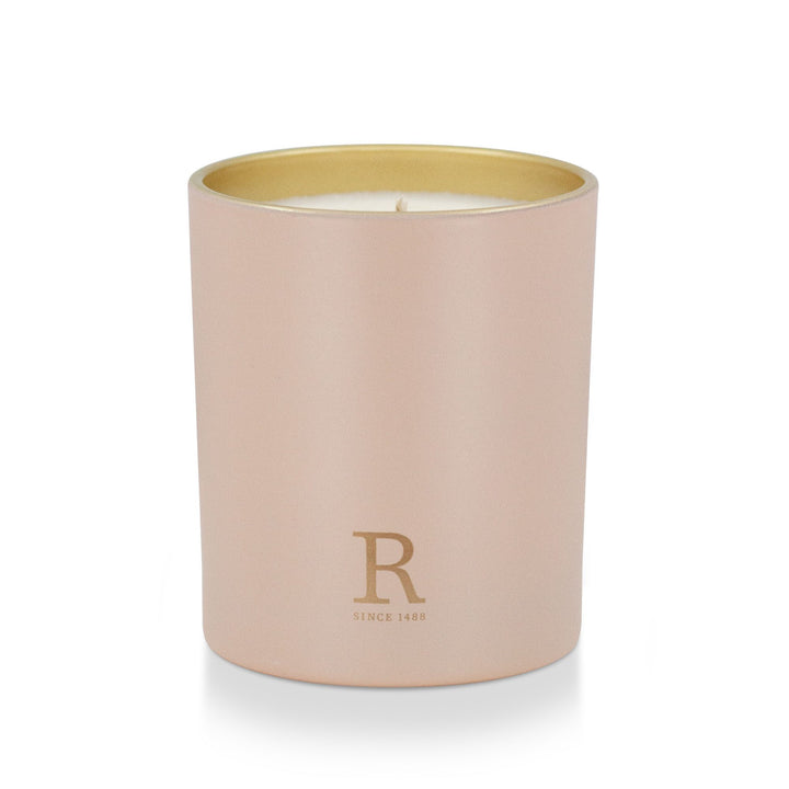 Rathbornes Dublin Tea Rose, Oud & Patchouli scented candle in dusty pink glass