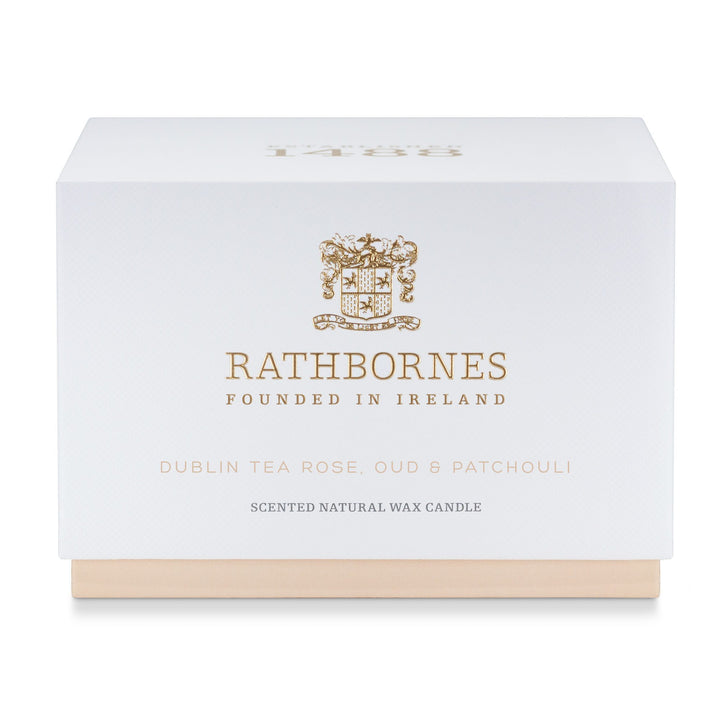 White gift box with blush base for the Rathbornes Dublin Tea Rose, Oud & Patchouli luxury scented candle