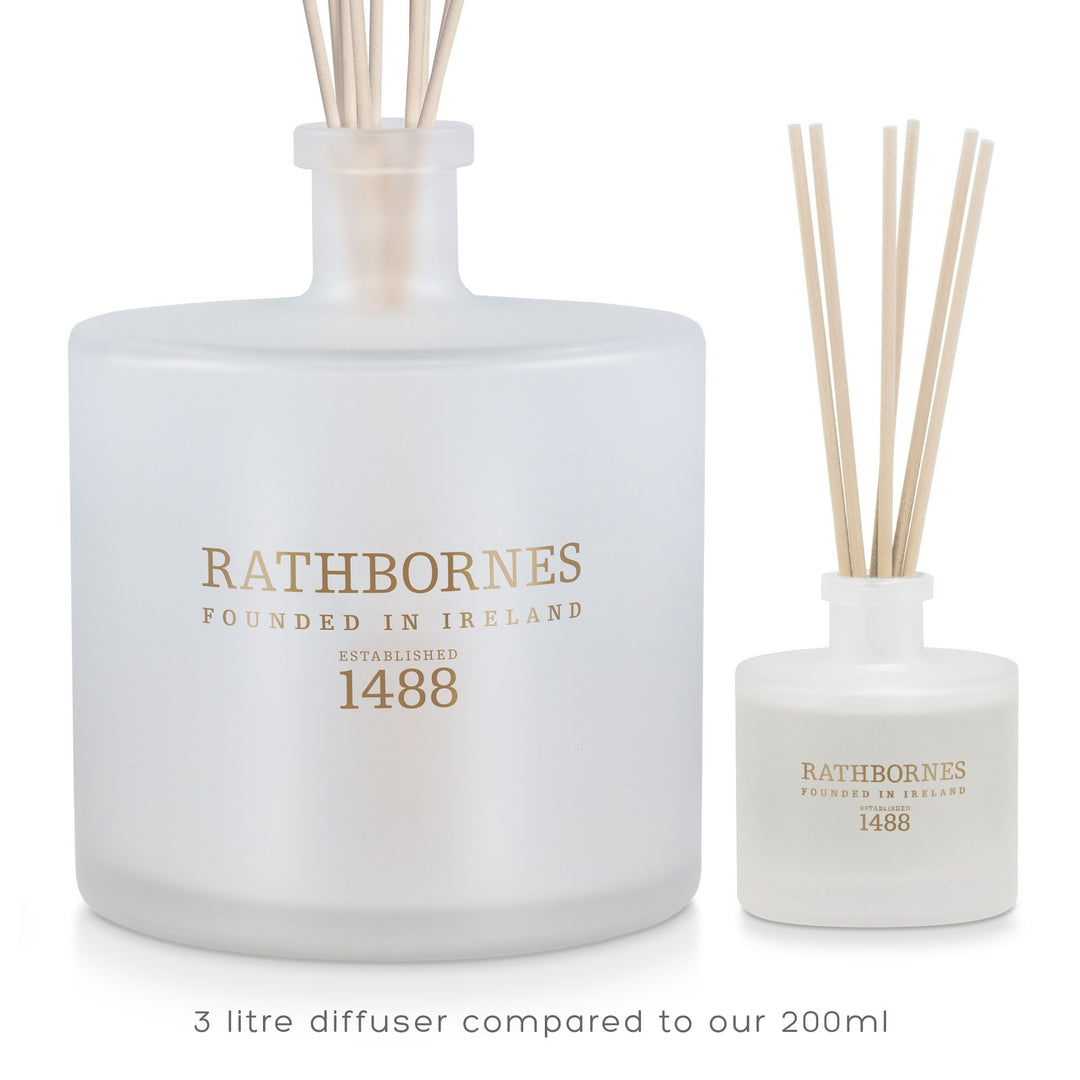 Rathbornes 3 litre luxury reed diffuser shown beside the 200ml size for scale