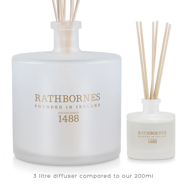 Rathbornes 3 litre luxury reed diffuser shown beside the 200ml size for scale