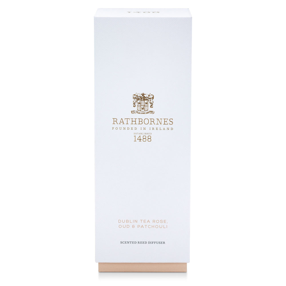 White gift box with blush base for the Rathbornes Dublin Tea Rose, Oud & Patchouli scented reed diffuser
