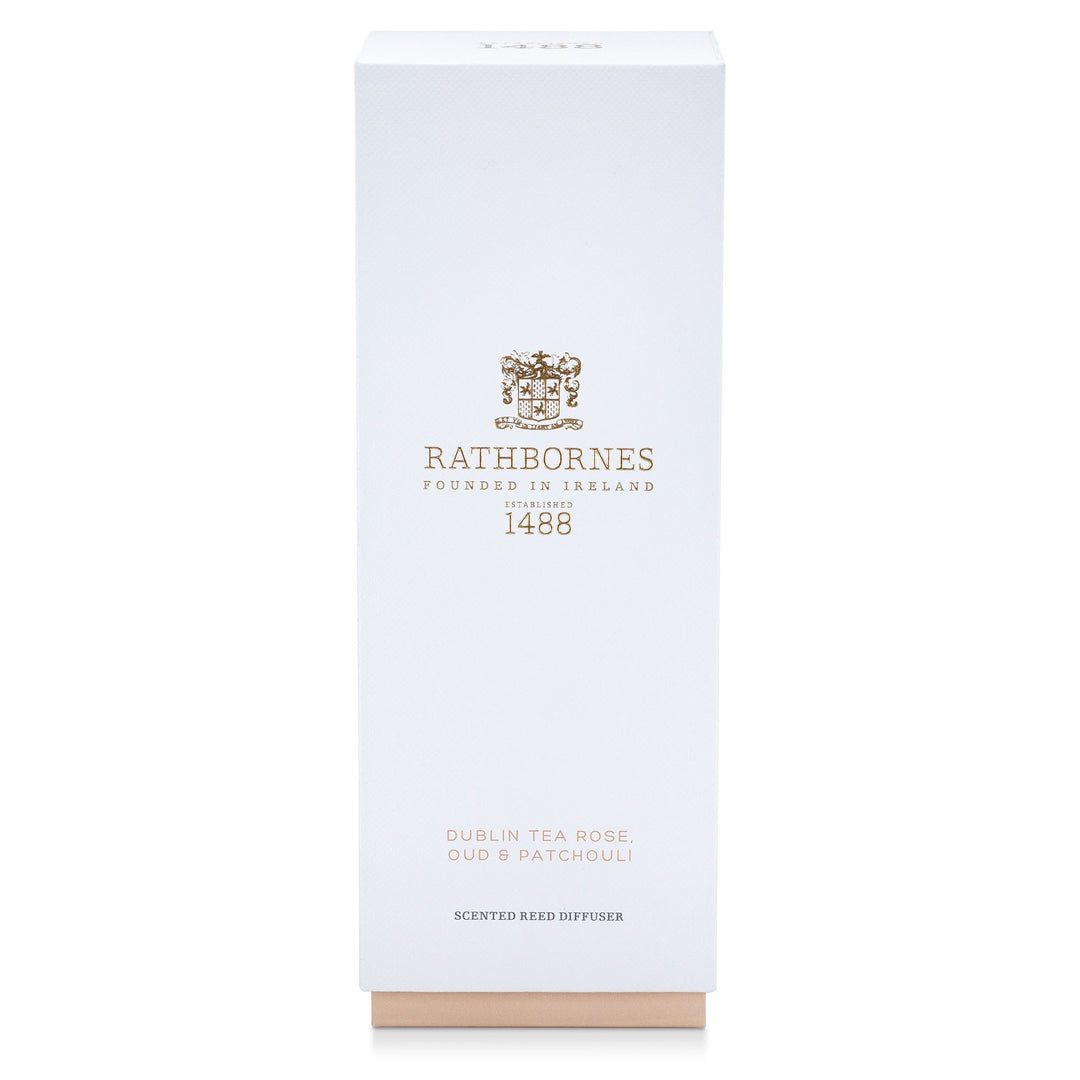 White gift box with blush base for the Rathbornes Dublin Tea Rose, Oud & Patchouli scented reed diffuser