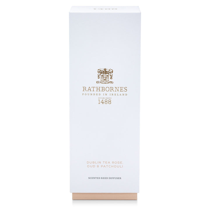 White gift box with blush base for the Rathbornes Dublin Tea Rose, Oud & Patchouli scented reed diffuser