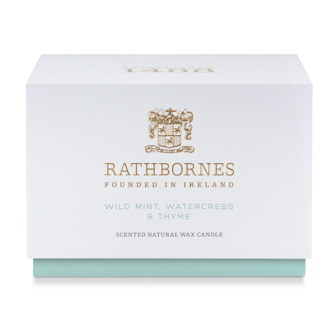 White gift box with mint-green base for the Rathbornes Wild Mint, Watercress & Thyme luxury scented candle