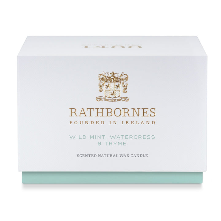 White gift box with mint-green base for the Rathbornes Wild Mint, Watercress & Thyme luxury scented candle