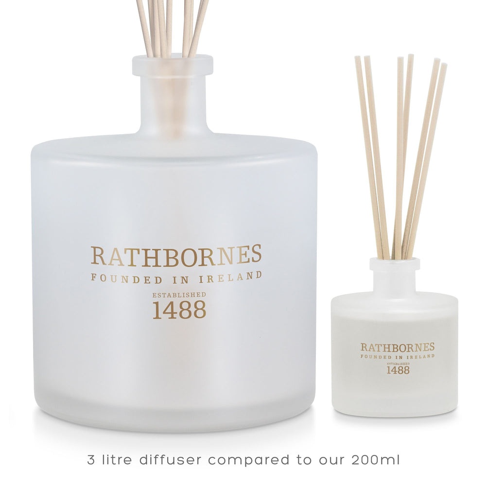 Rathbornes 3 litre luxury reed diffuser shown beside the 200ml size for scale