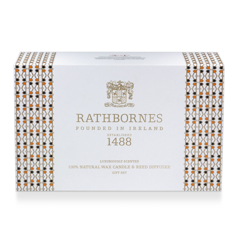 Rathbornes Cedar, Cloves & Amber candle and reed diffuser gift set in its patterned gift box