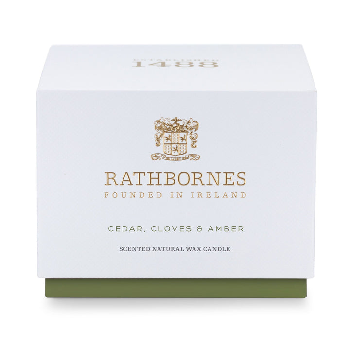 White gift box with green base for the Rathbornes Cedar, Cloves & Amber classic scented candle