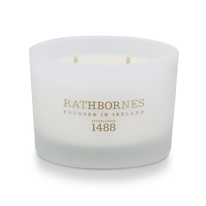 Rathbornes White Pepper, Honeysuckle & Vetivert classic scented candle in frosted white glass
