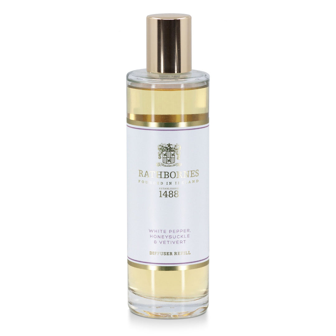 Rathbornes White Pepper, Honeysuckle & Vetivert reed diffuser refill bottle