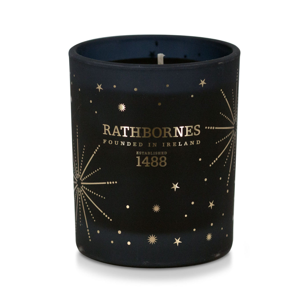 Rathbornes Dublin Dusk Christmas cracker candle with gold star pattern