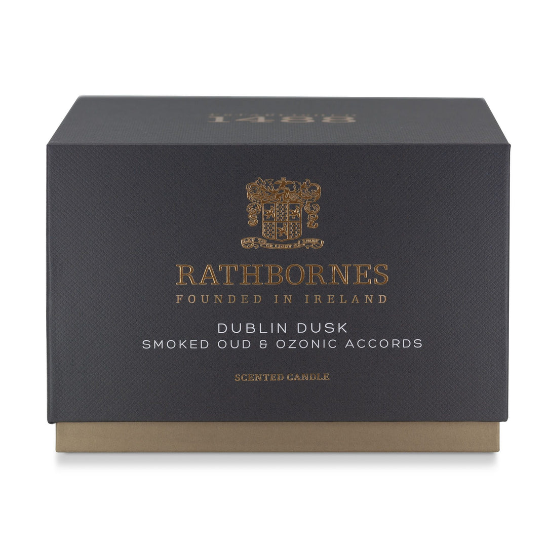 Deep navy gift box for the Rathbornes Dublin Dusk luxury scented candle