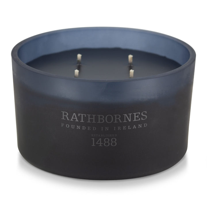 Rathbornes Dublin Dusk (Smoked Oud & Ozonic Accords) luxury scented candle in midnight navy glass
