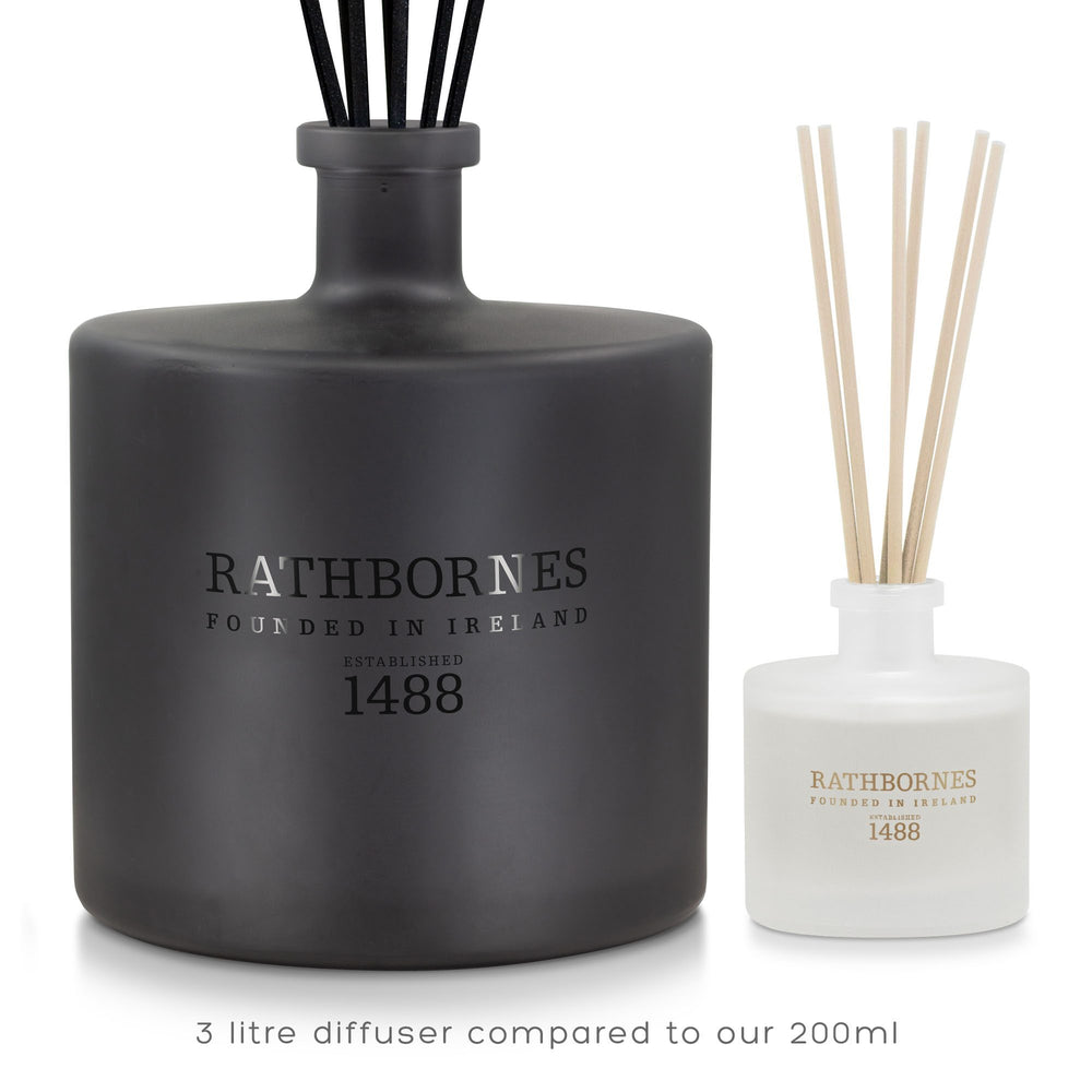 Rathbornes 3 litre luxury reed diffuser shown beside the 200ml size for scale