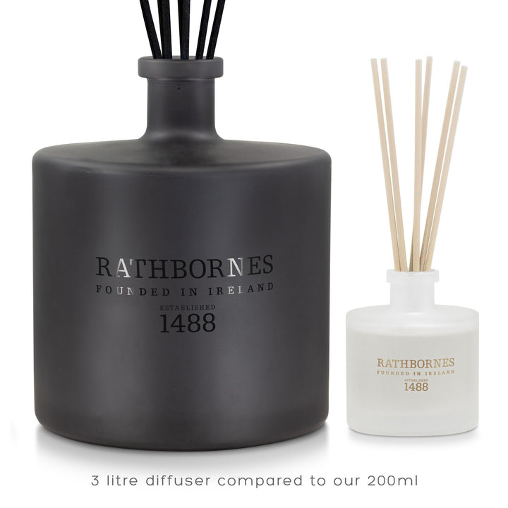 Rathbornes 3 litre luxury reed diffuser shown beside the 200ml size for scale