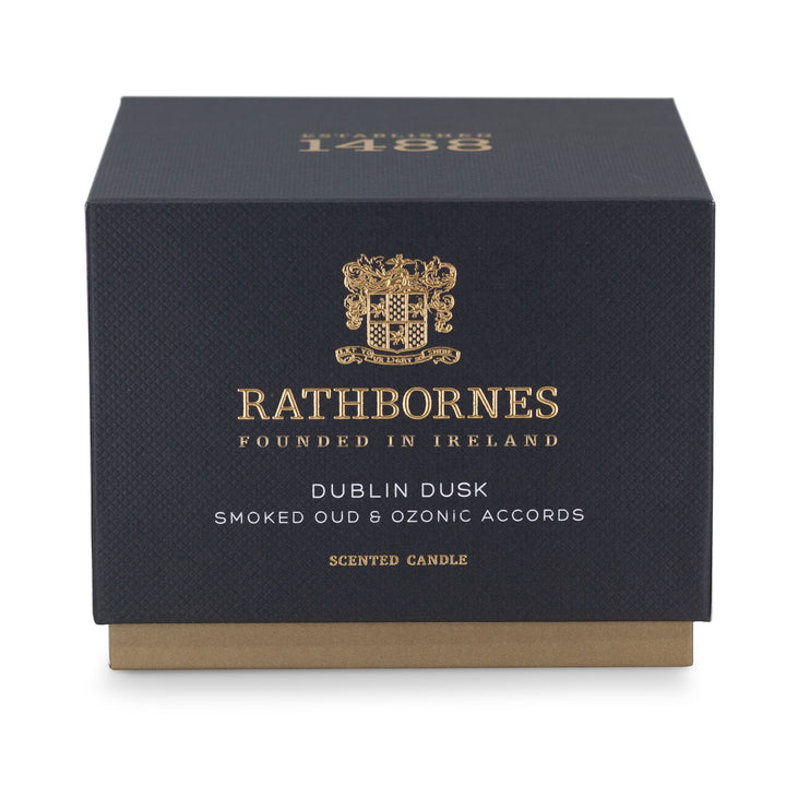 Deep navy gift box for the Rathbornes Dublin Dusk classic scented candle