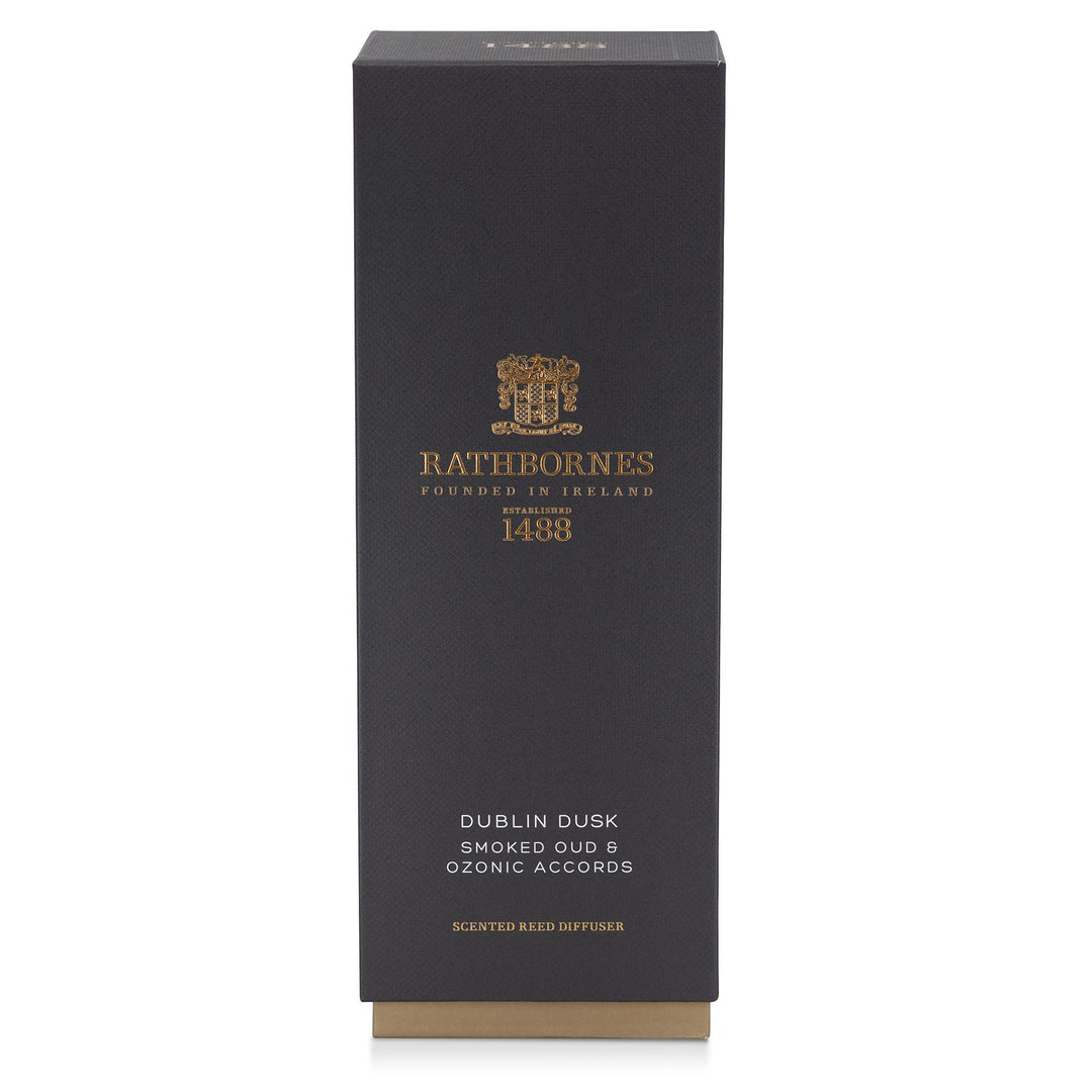 Deep navy gift box for the Rathbornes Dublin Dusk scented reed diffuser