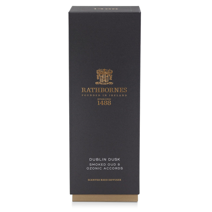 Deep navy gift box for the Rathbornes Dublin Dusk scented reed diffuser