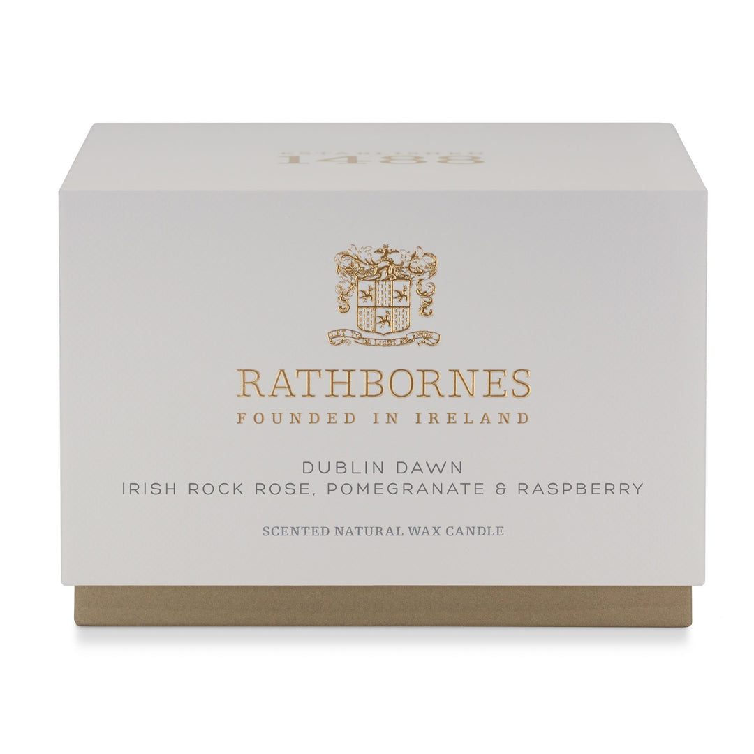 Stone-grey gift box for the Rathbornes Dublin Dawn luxury scented candle
