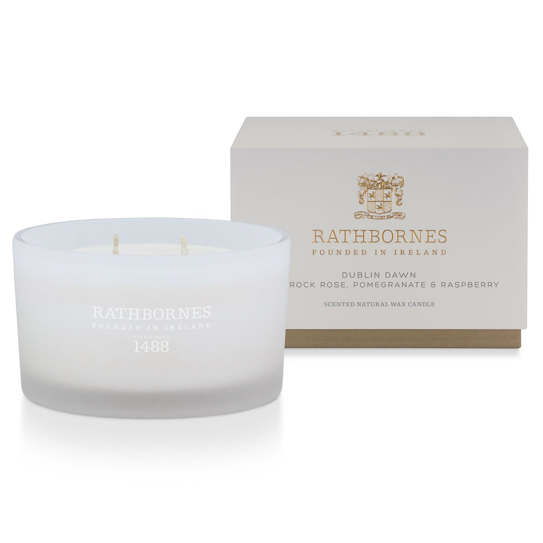Rathbornes Dublin Dawn luxury scented candle beside its stone-grey gift box