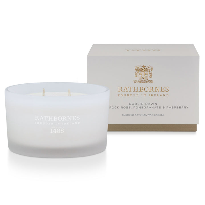 Rathbornes Dublin Dawn luxury scented candle beside its stone-grey gift box