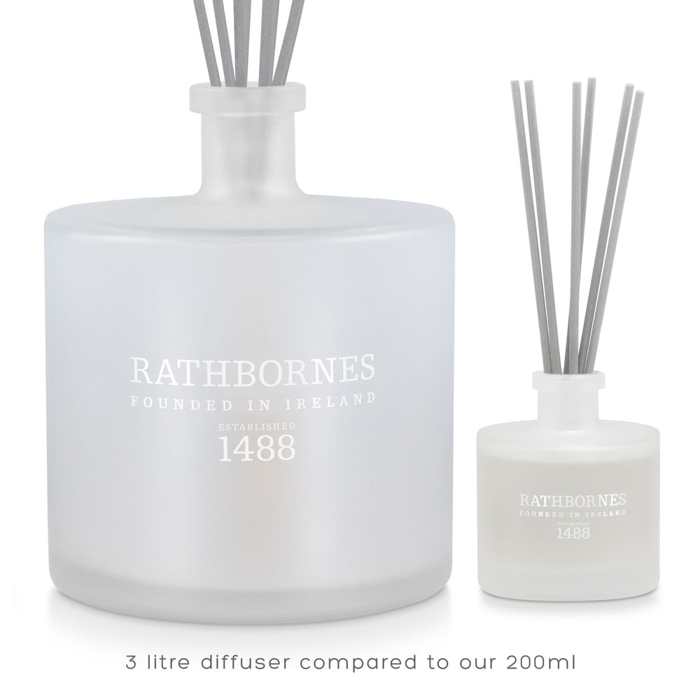 Rathbornes 3 litre luxury reed diffuser shown beside the 200ml size for scale