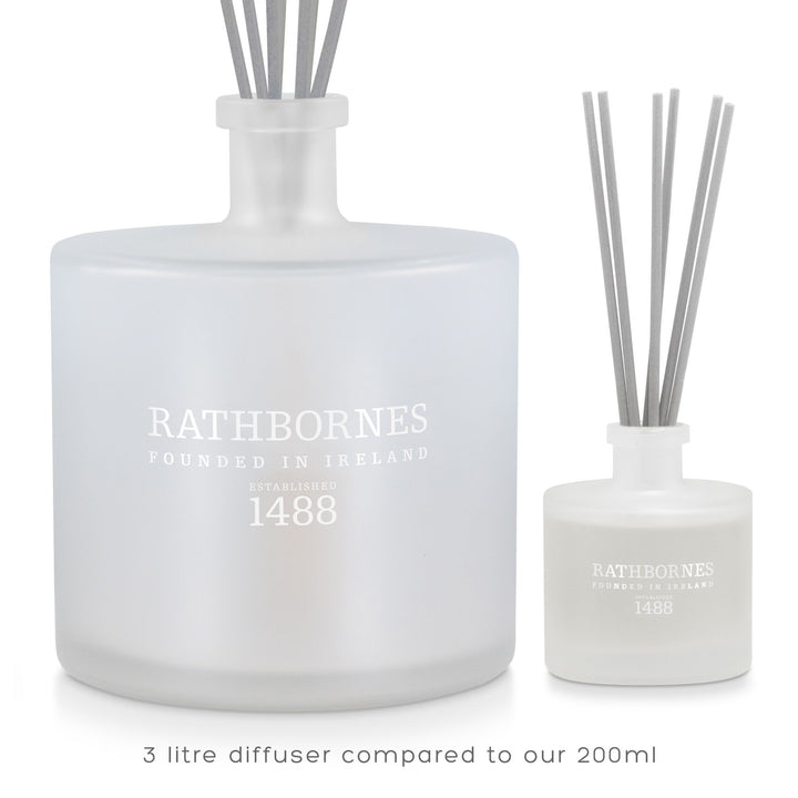 Rathbornes 3 litre luxury reed diffuser shown beside the 200ml size for scale