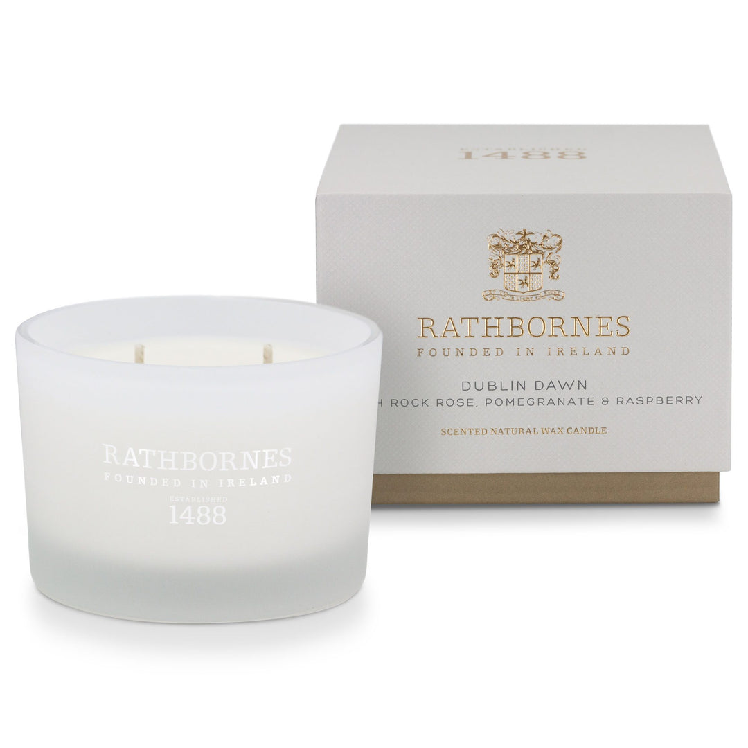 Rathbornes Dublin Dawn classic scented candle beside its stone-grey gift box