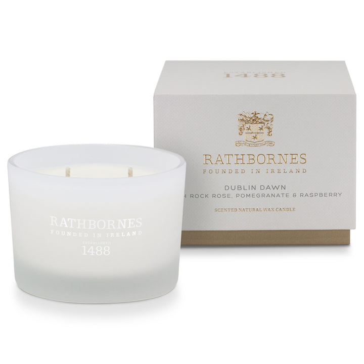 Rathbornes Dublin Dawn classic scented candle beside its stone-grey gift box