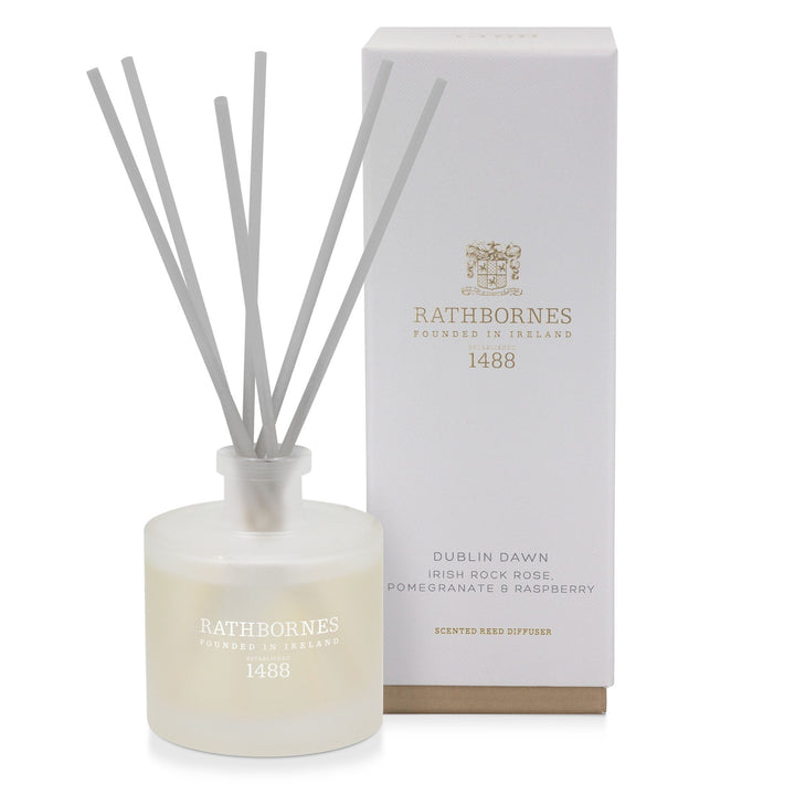 Rathbornes Dublin Dawn scented reed diffuser with reeds, beside its gift box