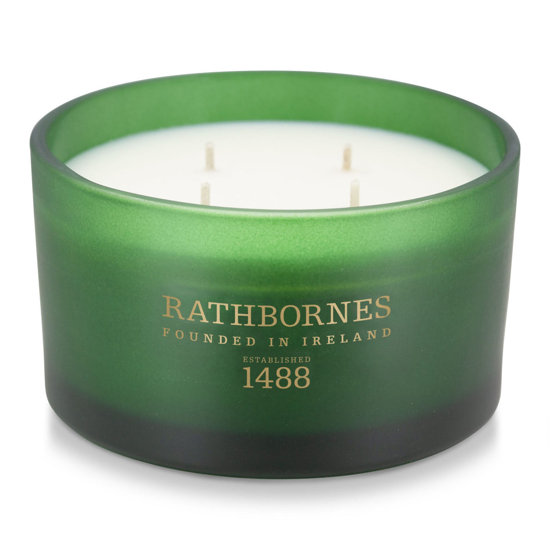 Rathbornes Dublin Retreat (Musk, Black Ebony & Amber) luxury scented candle in deep green glass