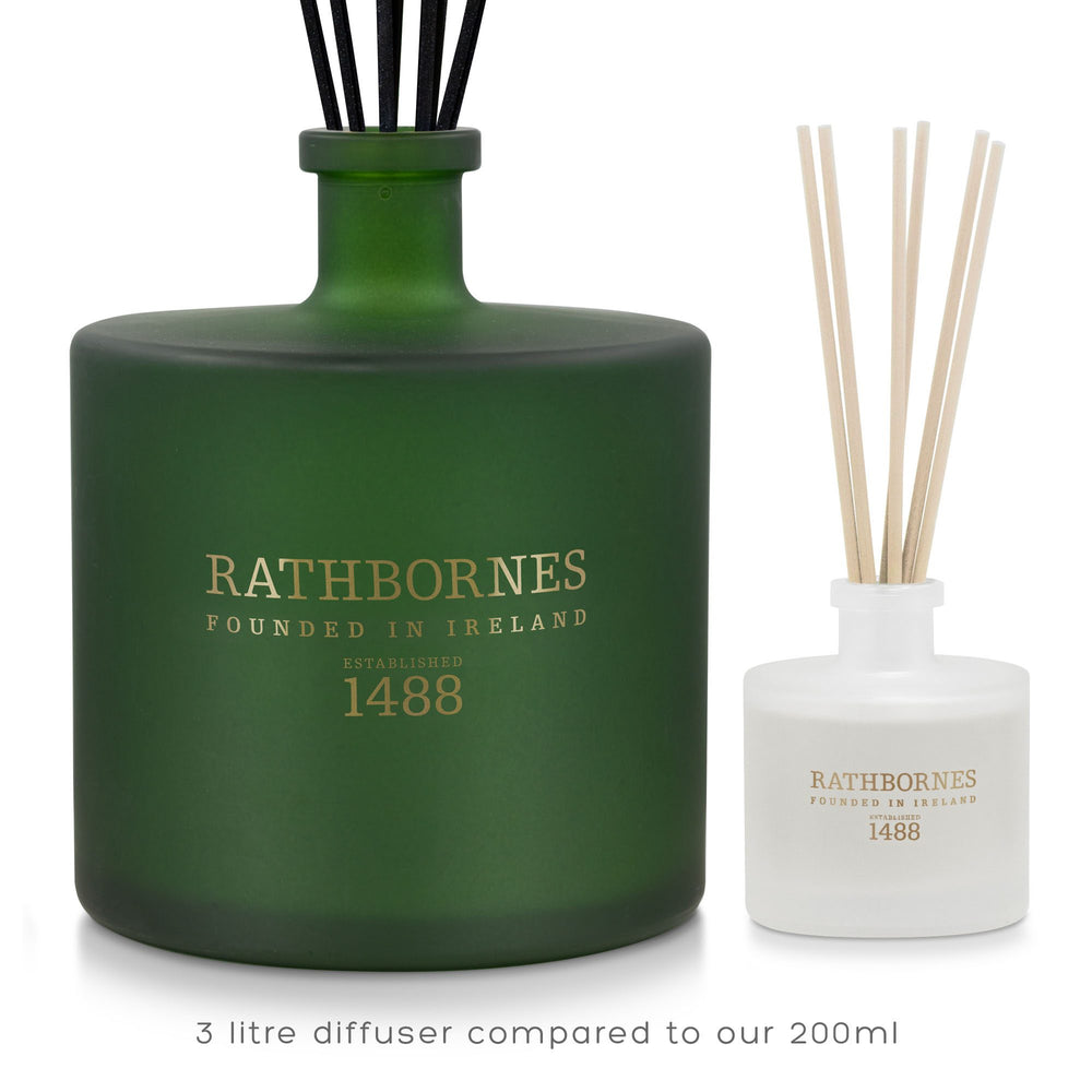 Rathbornes 3 litre luxury reed diffuser shown beside the 200ml size for scale