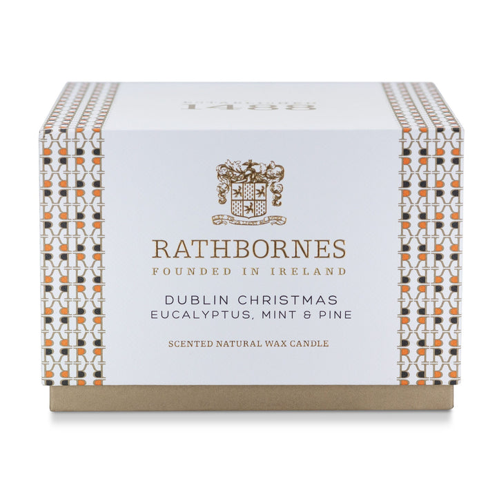 White and gold patterned gift box for the Rathbornes Dublin Christmas luxury scented candle