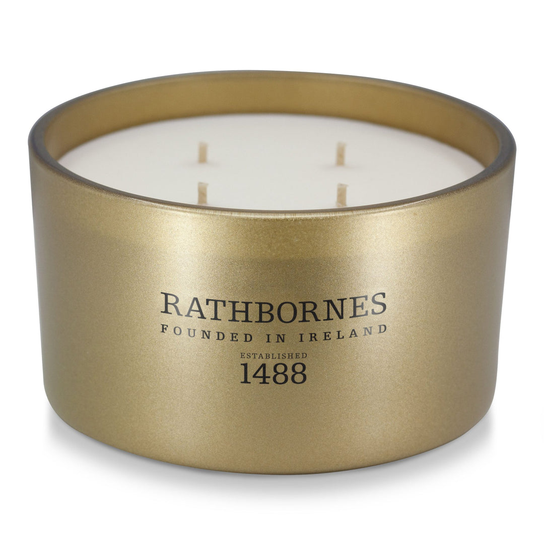 Rathbornes Dublin Christmas (Eucalyptus, Mint & Pine) luxury 4 wick scented candle in brushed gold glass