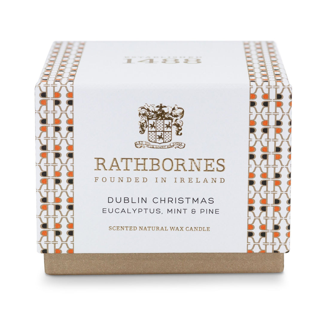 White and gold patterned gift box for the Rathbornes Dublin Christmas classic scented candle