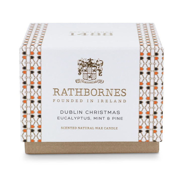 White and gold patterned gift box for the Rathbornes Dublin Christmas classic scented candle