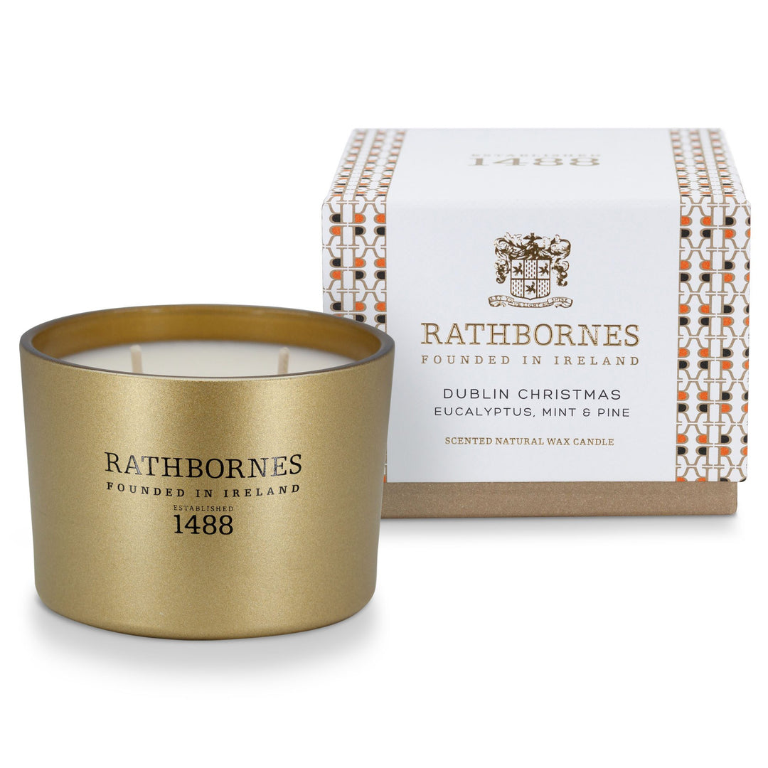 Rathbornes Dublin Christmas (Eucalyptus, Mint & Pine) classic scented candle beside its white and gold patterned gift box