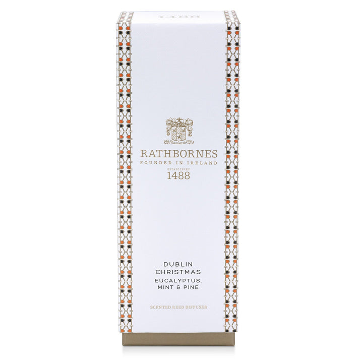 White and gold patterned gift box for the Rathbornes Dublin Christmas scented reed diffuser