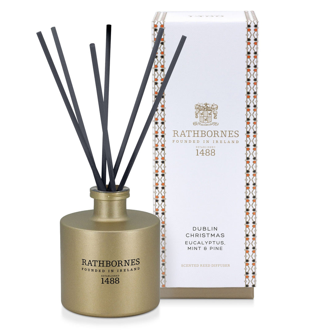Rathbornes Dublin Christmas (Eucalyptus, Mint & Pine) scented reed diffuser with reeds, beside its gift box