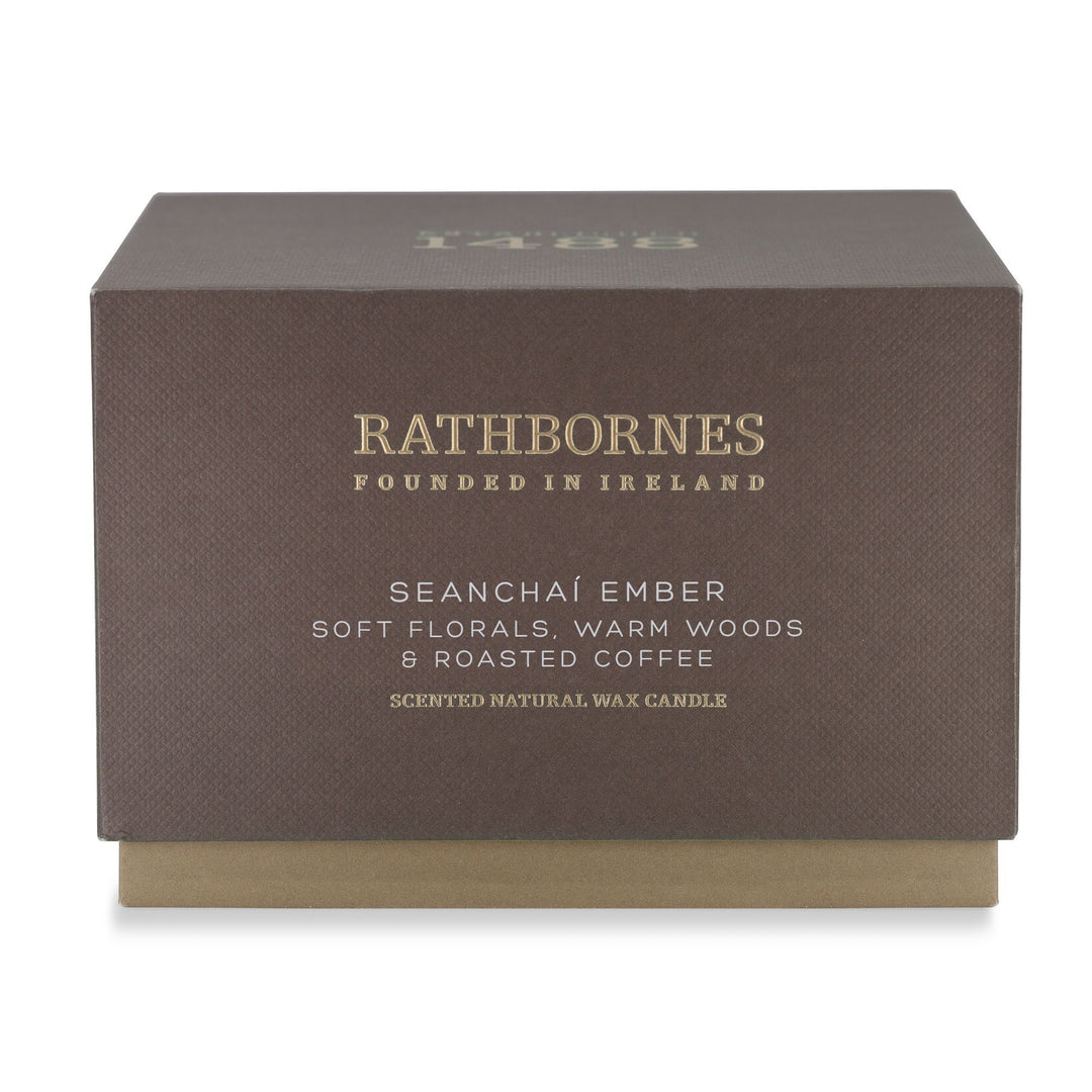Mocha brown gift box for the Rathbornes Seanchaí Ember luxury scented candle